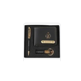 Leather wallet with keychain and pen 